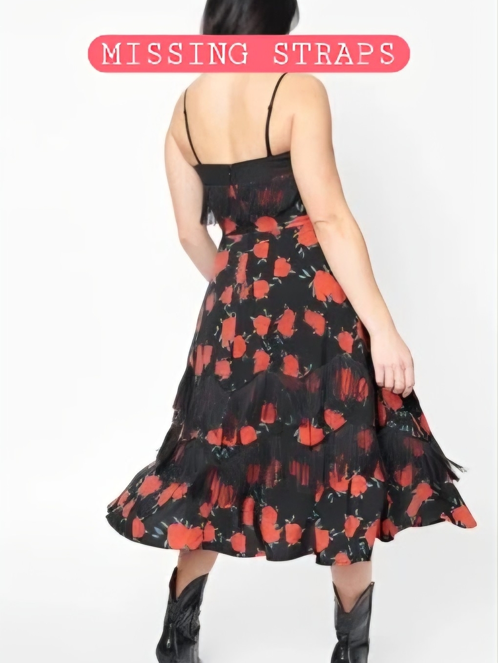 MISSING STRAPS- READ BELOW-Unique Vintage Black Floral Swing Midi Dress- Size 1x - Picture 3 of 10